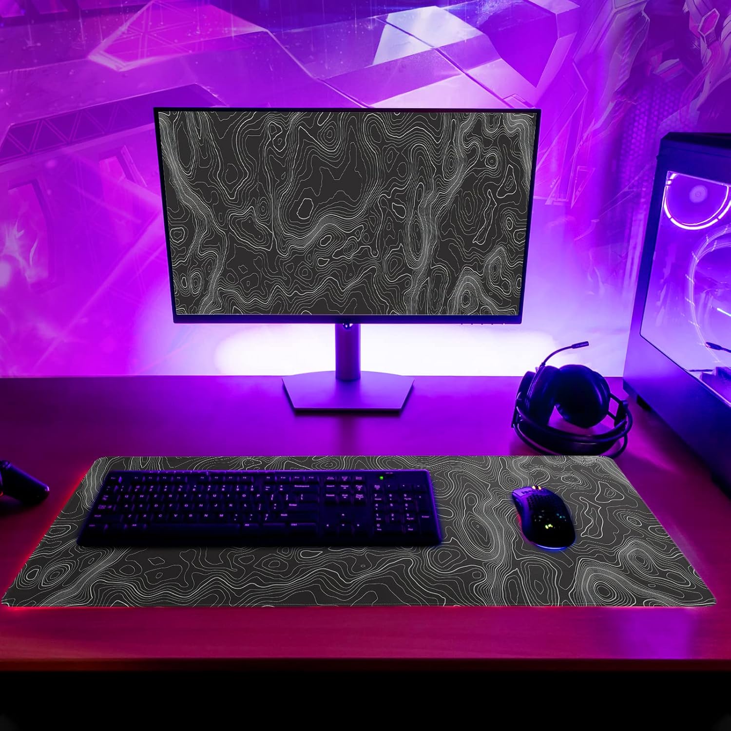 Topographic Contour Extended Big Mouse Pad Large,Gaming Mouse Pad Desk Pad,27.6x11.8 Inch Long Computer Keyboard Mouse Mat Mousepad with 3mm Non-Slip Base and Stitched Edge for Gaming and Office - Image 3