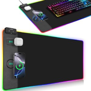 Wireless Charging Mouse Pad, RGB Gaming Mousepad, 31.5"x15.7" Extra Large Desk Pad, 13 Light Modes, Ultra-Smooth Surface, Non-Slip Base, Waterproof Computer Keyboard Mat for MacBook, PC, Laptop, Black