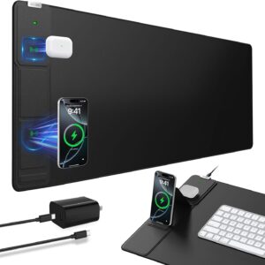 Wireless Charging Mouse Pad with Foldable Phone Holder, 31.5"x15.8" Extended Desk Mat for Laptop\/Keyboard, Waterproof Ultra-Smooth Surface, Non-Slip Base & 20W PD Adapter, Black