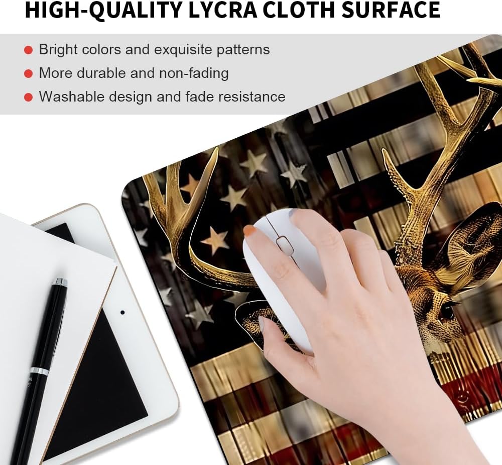 Wood Grain American Flag Hunting Deer Square Mouse pad, Texture, Waterproof, Anti Slip Rubber Base, Computer Mouse pad, Laptop Mouse pad - Image 3