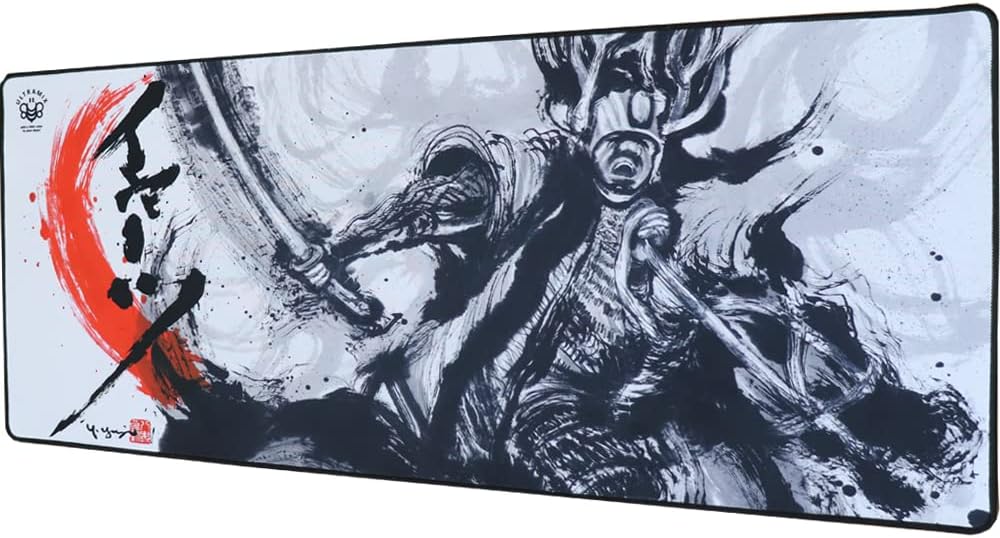 XXL Large Gaming Laptop Mouse Pad, Japanese Artisan Mouse pad Anime, Samurai Yukimura Sanada Sumie 35.4 x 15.7 x 0.1 inches (900 x 400 x 3 mm) Thick Rubber Table Mat,White Mouse pad