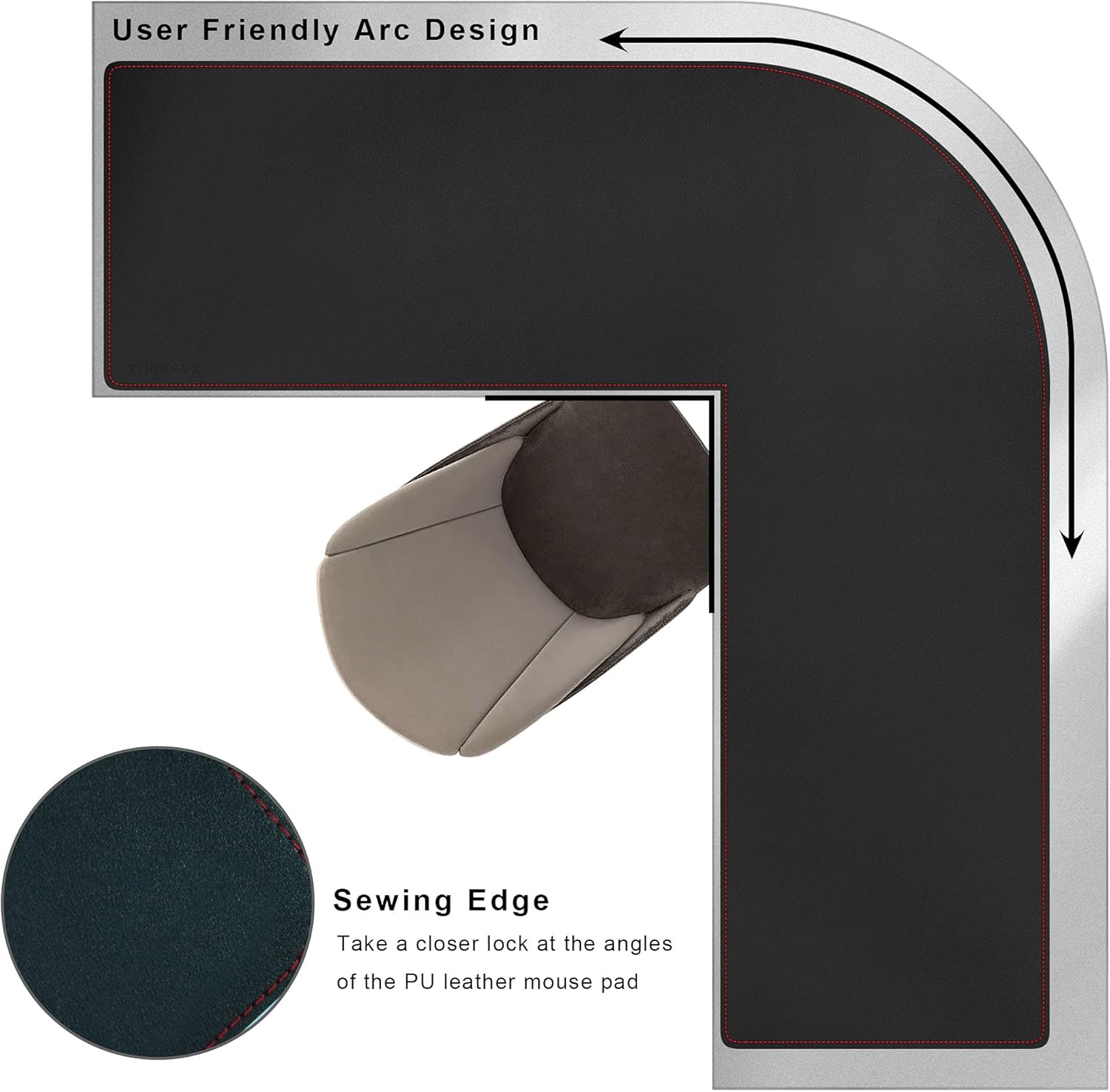 ZORESYN L-Shaped Gaming Desk Mat Mouse pad, Computer Corner Desk Pad, 55" Home Office Writing Desk Pad Protector, Large Waterproof PU Leather Corner Mousepad - Black, (137+140) x40cm - Image 4