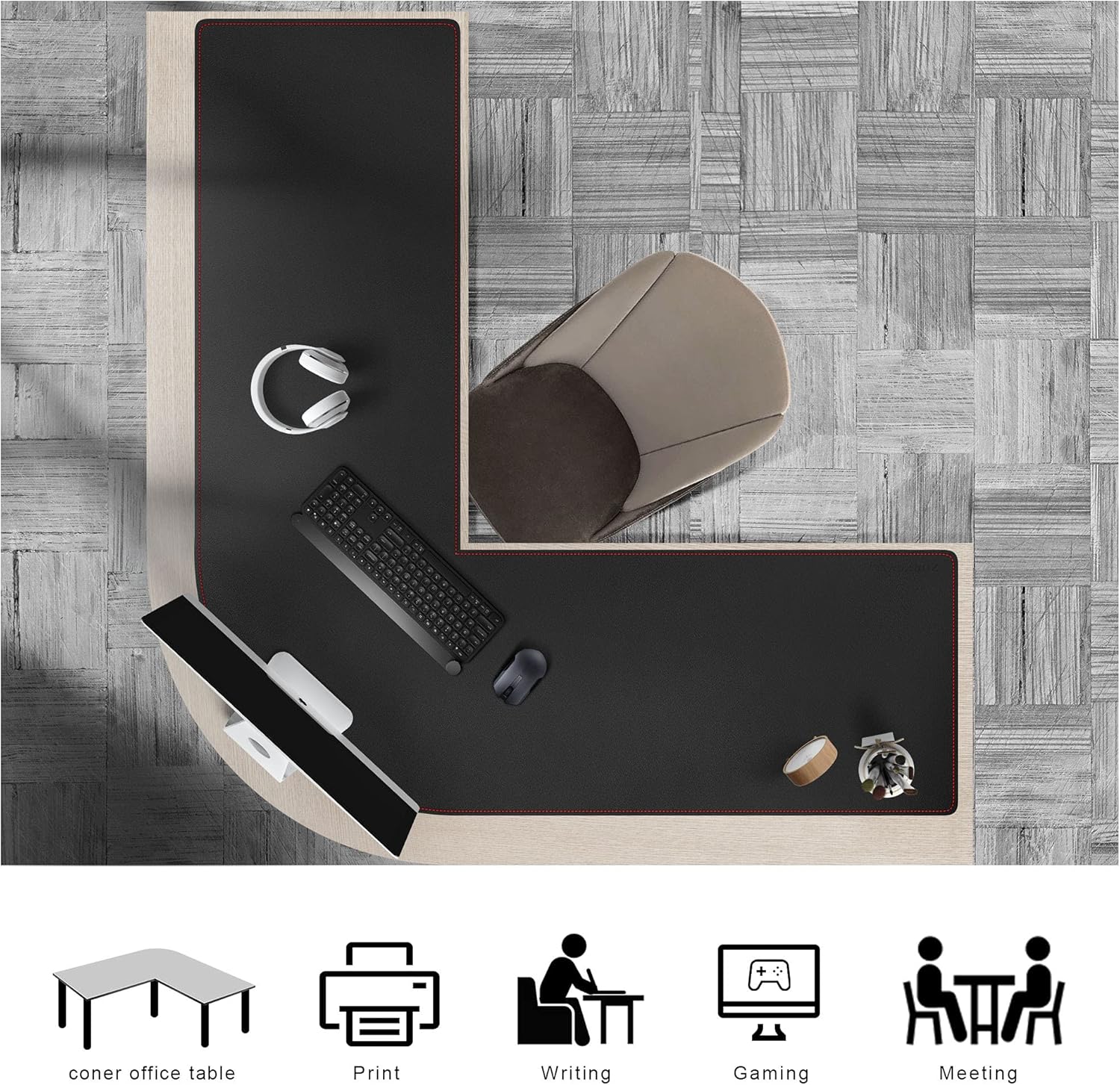 ZORESYN L-Shaped Gaming Desk Mat Mouse pad, Computer Corner Desk Pad, 55" Home Office Writing Desk Pad Protector, Large Waterproof PU Leather Corner Mousepad - Black, (137+140) x40cm - Image 5